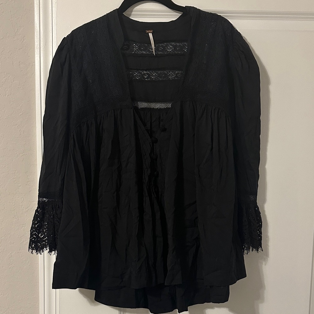 Free People Black Lace Cuff Blouse